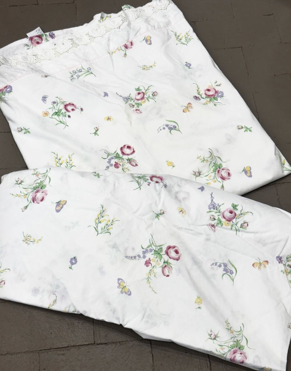 Vintage Atelier Martex Full Sheet Set Floral Butterfly Eyelet Lace Made USA 2 Pc